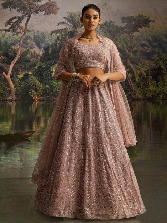 Dazzling Mauve Heavy Embroidered Net Event Wear Lehenga With Blouse