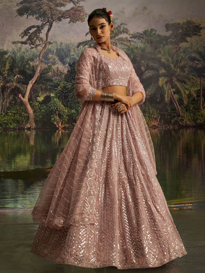 Dazzling Mauve Heavy Embroidered Net Event Wear Lehenga With Blouse