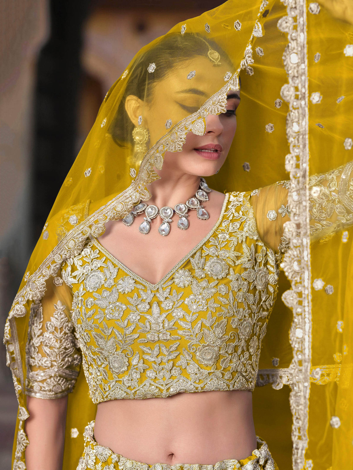 Awesome Yellow Embroidered Net Haldi Wear Lehenga Choli With Dupatta