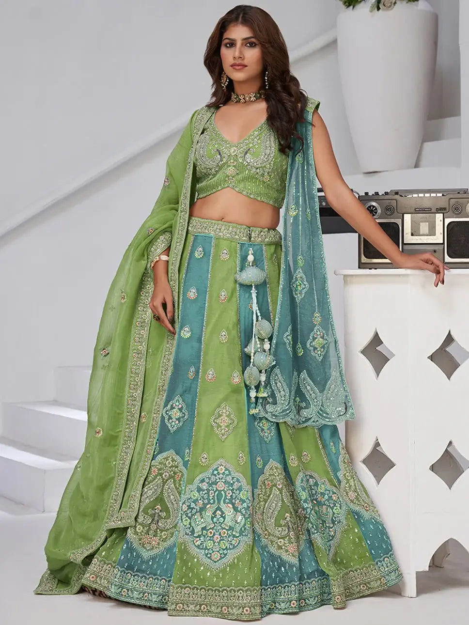 Awesome Sea Green Zari Work Tissue Mehendi Wear Lehenga Choli With Dupatta