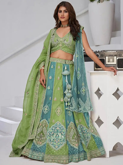 Awesome Sea Green Zari Work Tissue Mehendi Wear Lehenga Choli With Dupatta