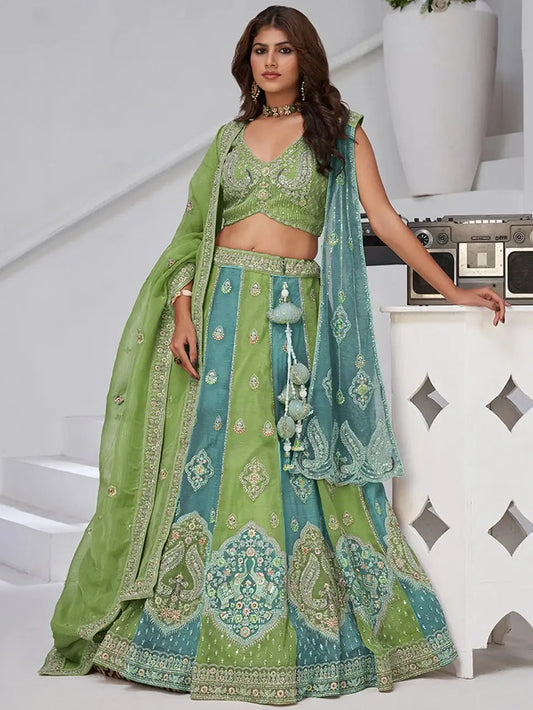 Awesome Sea Green Zari Work Tissue Mehendi Wear Lehenga Choli With Dupatta