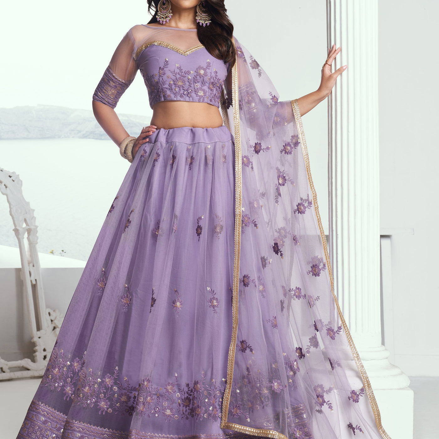 Marvelous Lavender Sequins Net Bridesmaid Lehenga Choli With Dupatta