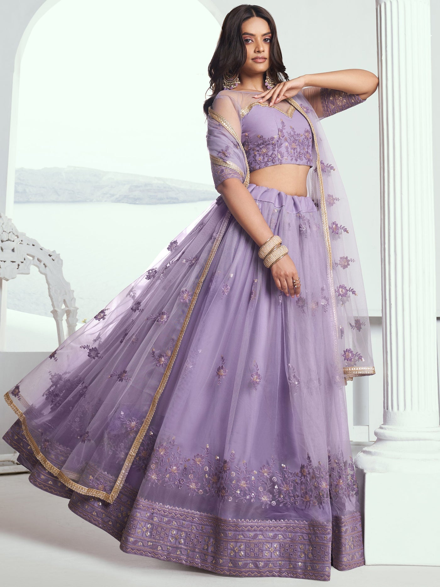 Marvelous Lavender Sequins Net Bridesmaid Lehenga Choli With Dupatta