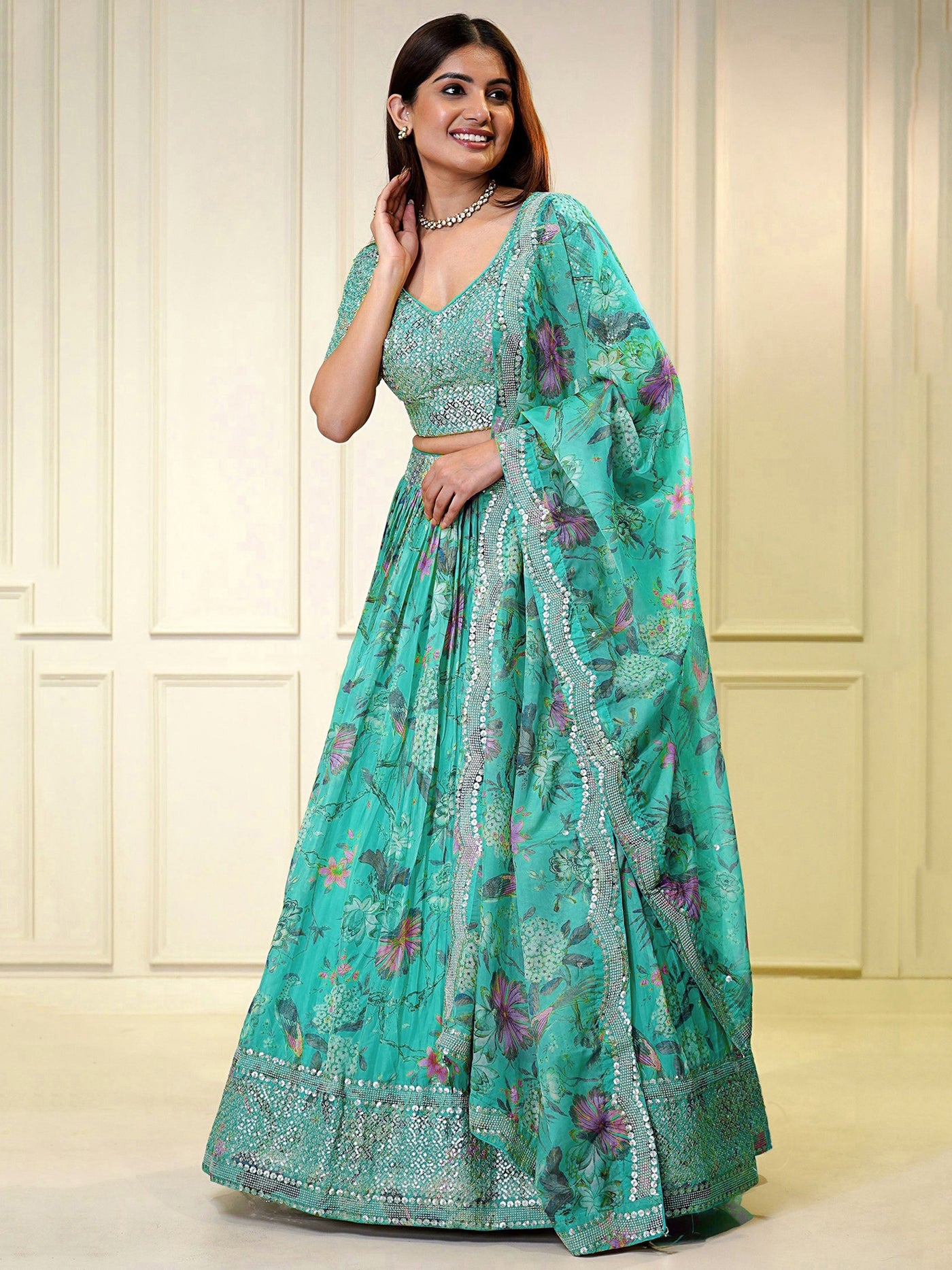 Beautiful Turquoise Sequins Organza Wedding Wear Lehenga Choli