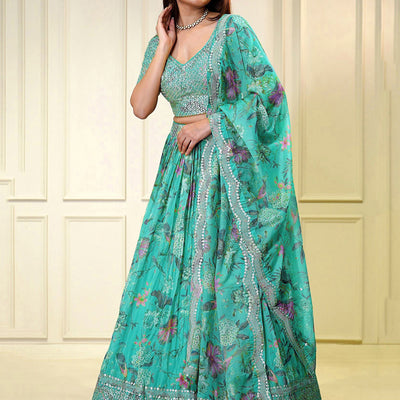 Beautiful Turquoise Sequins Organza Wedding Wear Lehenga Choli