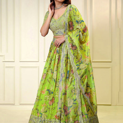 Adorable Neon Green Printed Organza Event Wear Lehenga Choli