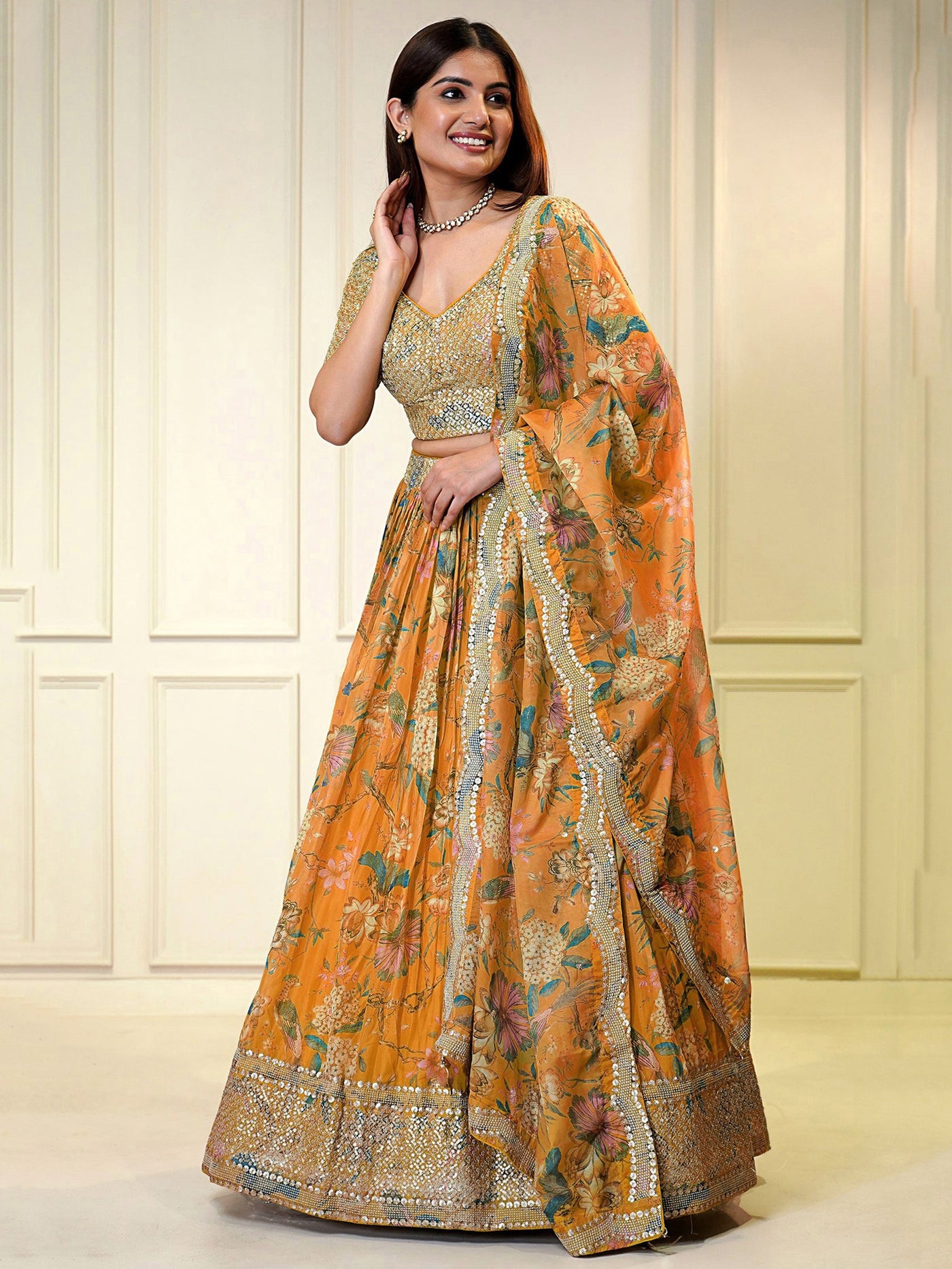 Awesome Orange Printed Organza Festival Wear Lehenga Choli