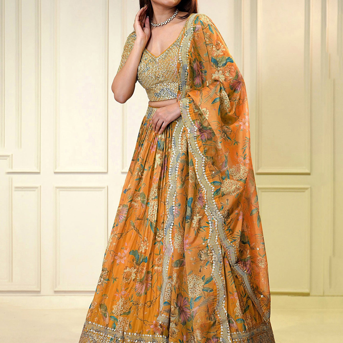 Awesome Orange Printed Organza Festival Wear Lehenga Choli