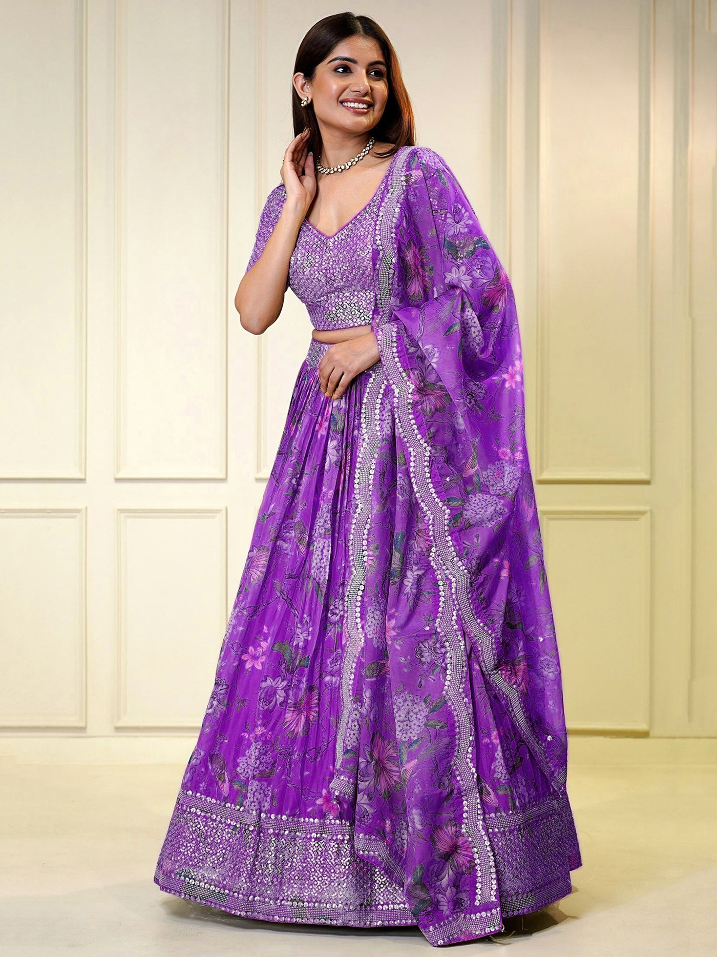 Glamorous Purple Sequins Organza Engagement Wear Lehenga Choli