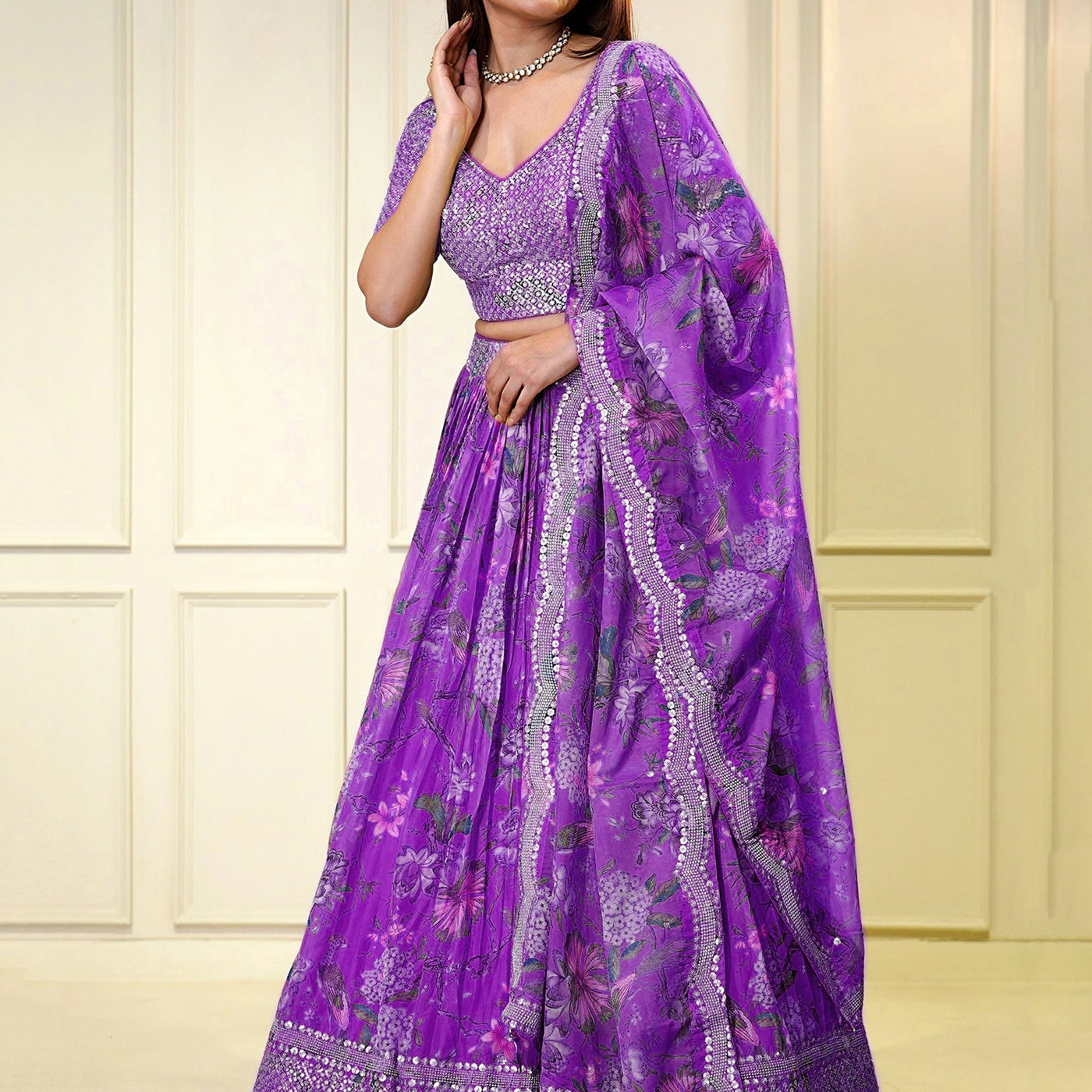 Glamorous Purple Sequins Organza Engagement Wear Lehenga Choli