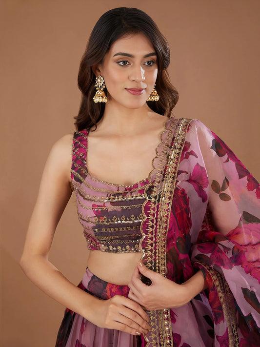 Precious Pink Floral Printed Organza Lehenga Choli With Dupatta