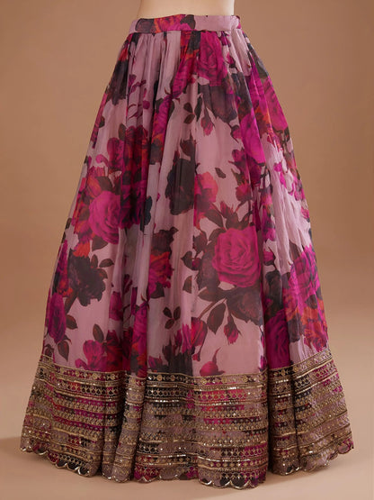 Precious Pink Floral Printed Organza Lehenga Choli With Dupatta
