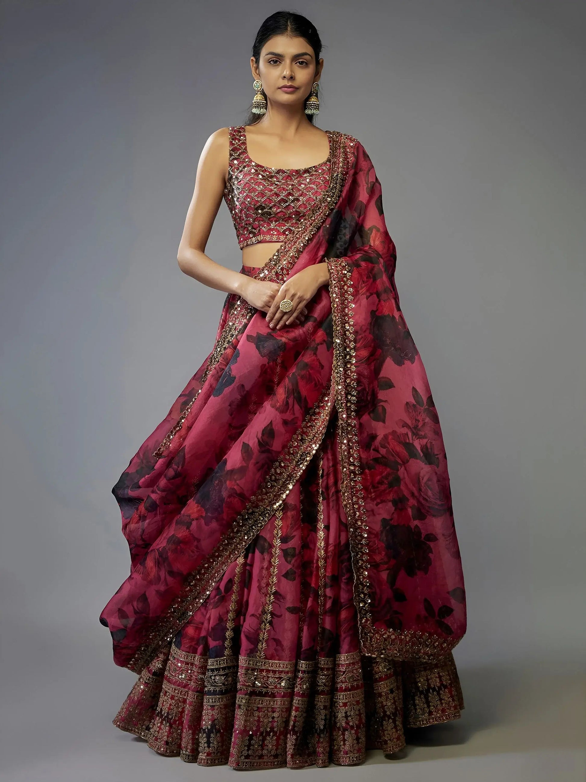 Glamorous Coral Pink Floral Printed Organza Reception Lehenga Choli