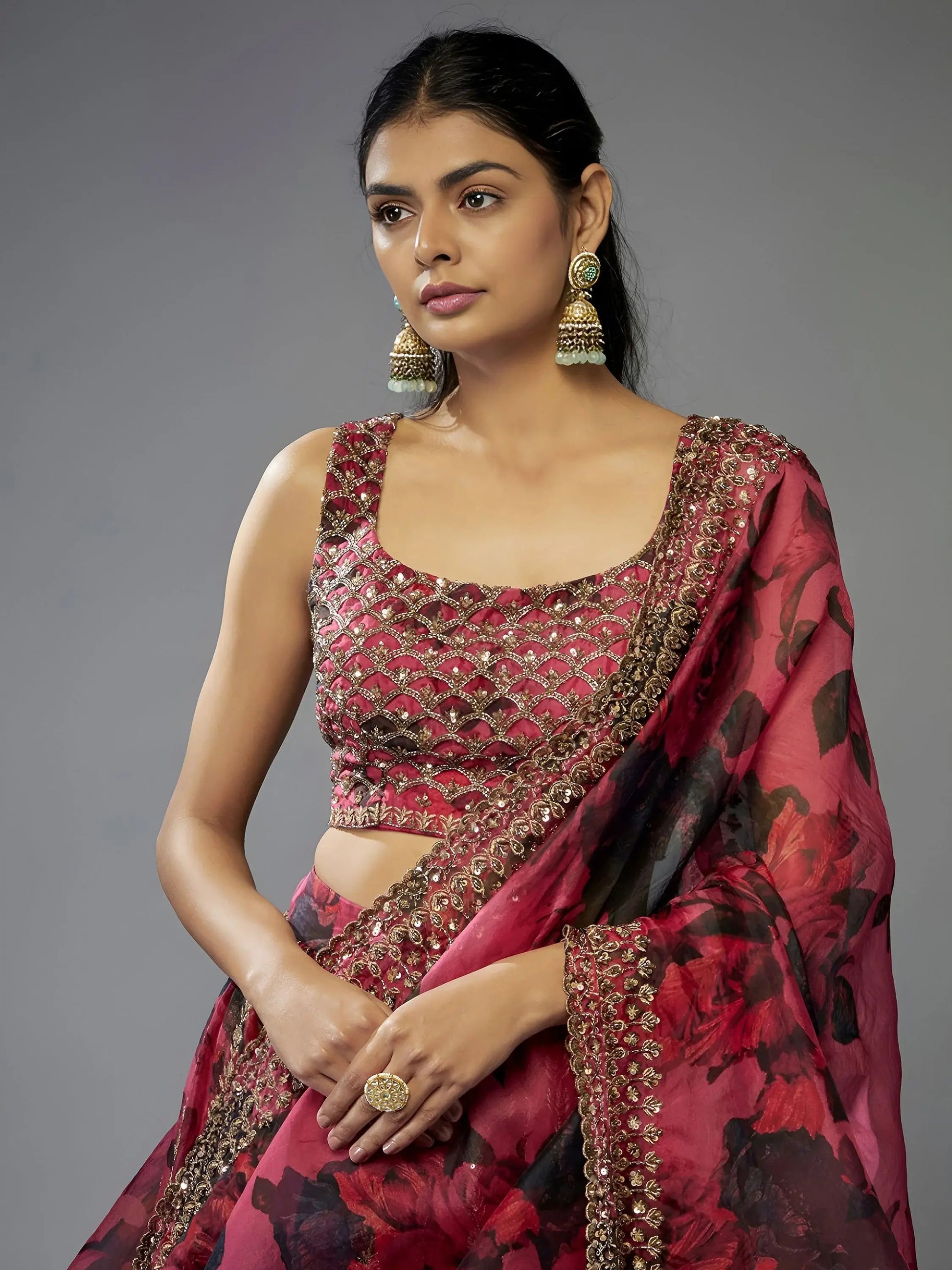 Glamorous Coral Pink Floral Printed Organza Reception Lehenga Choli