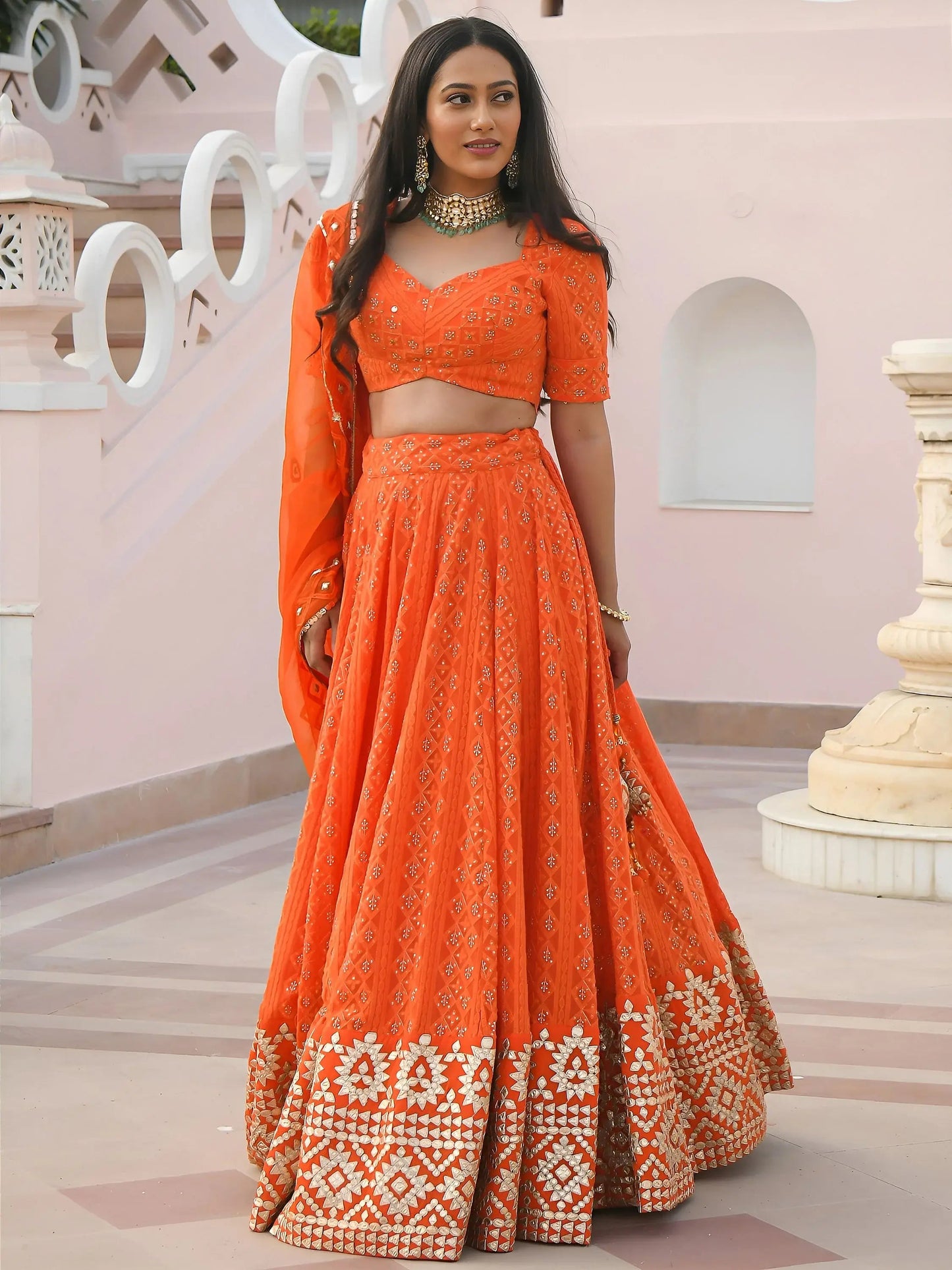 Stunning Orange Zari Embroidered Wedding Lehenga Choli With Dupatta