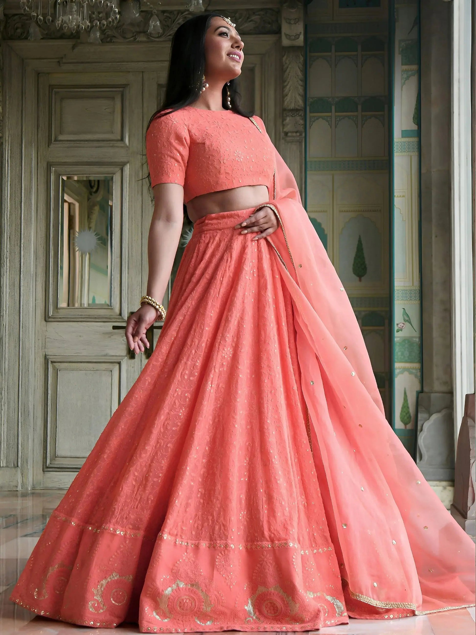 Wonderful Peach Thread Work Georgette Wedding Wear Lehenga Choli
