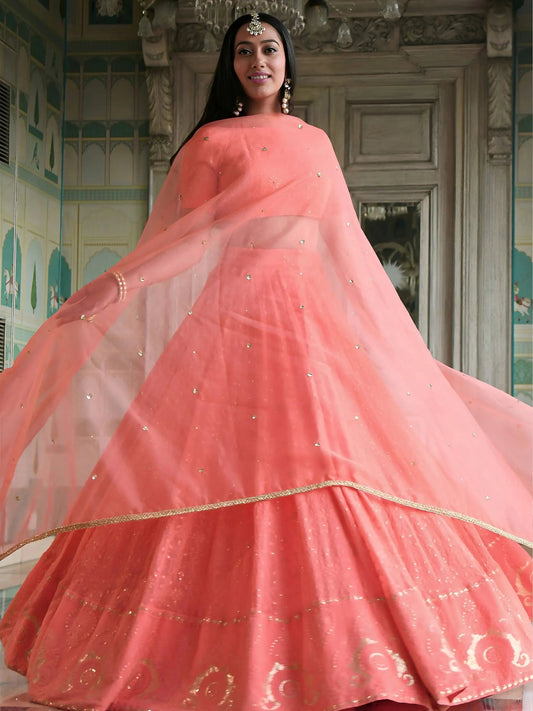 Wonderful Peach Thread Work Georgette Wedding Wear Lehenga Choli