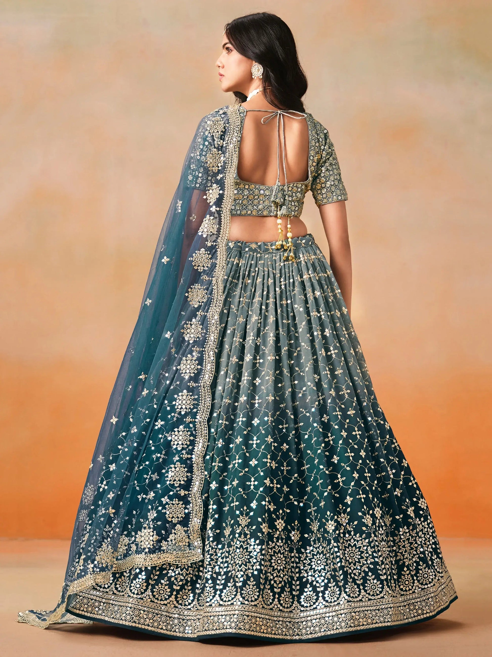 Attractive Dove Blue Zari Embroidered Shaded Lehenga Choli