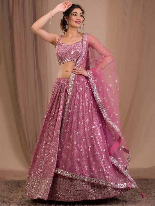 Attractive Pink Sequins Georgette Engagement Wear Lehenga Choli