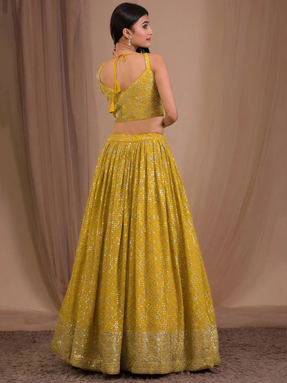 Alluring Yellow Sequins Georgette Haldi Wear Lehenga Choli