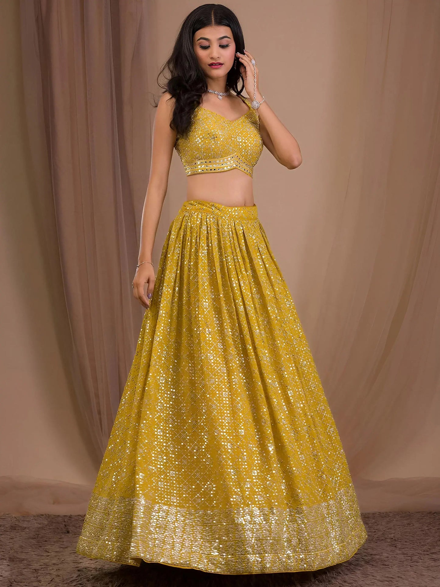 Alluring Yellow Sequins Georgette Haldi Wear Lehenga Choli