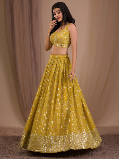 Alluring Yellow Sequins Georgette Haldi Wear Lehenga Choli