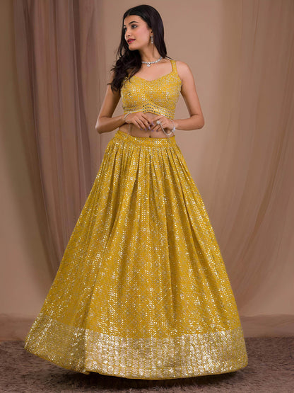Alluring Yellow Sequins Georgette Haldi Wear Lehenga Choli