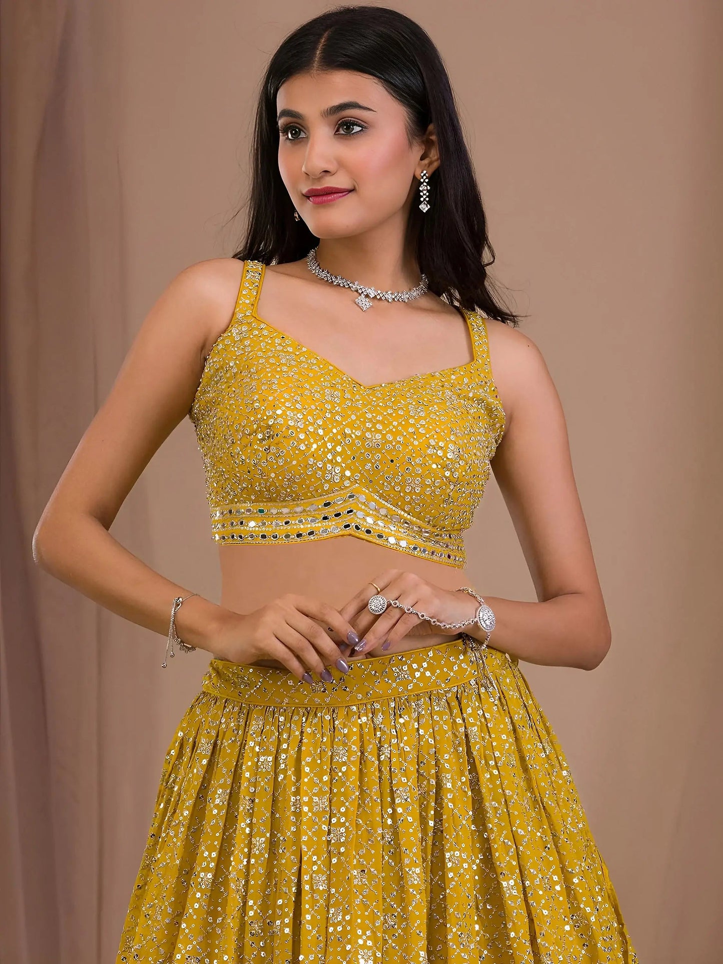 Alluring Yellow Sequins Georgette Haldi Wear Lehenga Choli