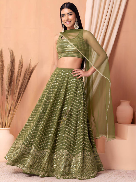 Ravishing Green Zari Embroidery Georgette Mehendi Wear Lehenga Choli