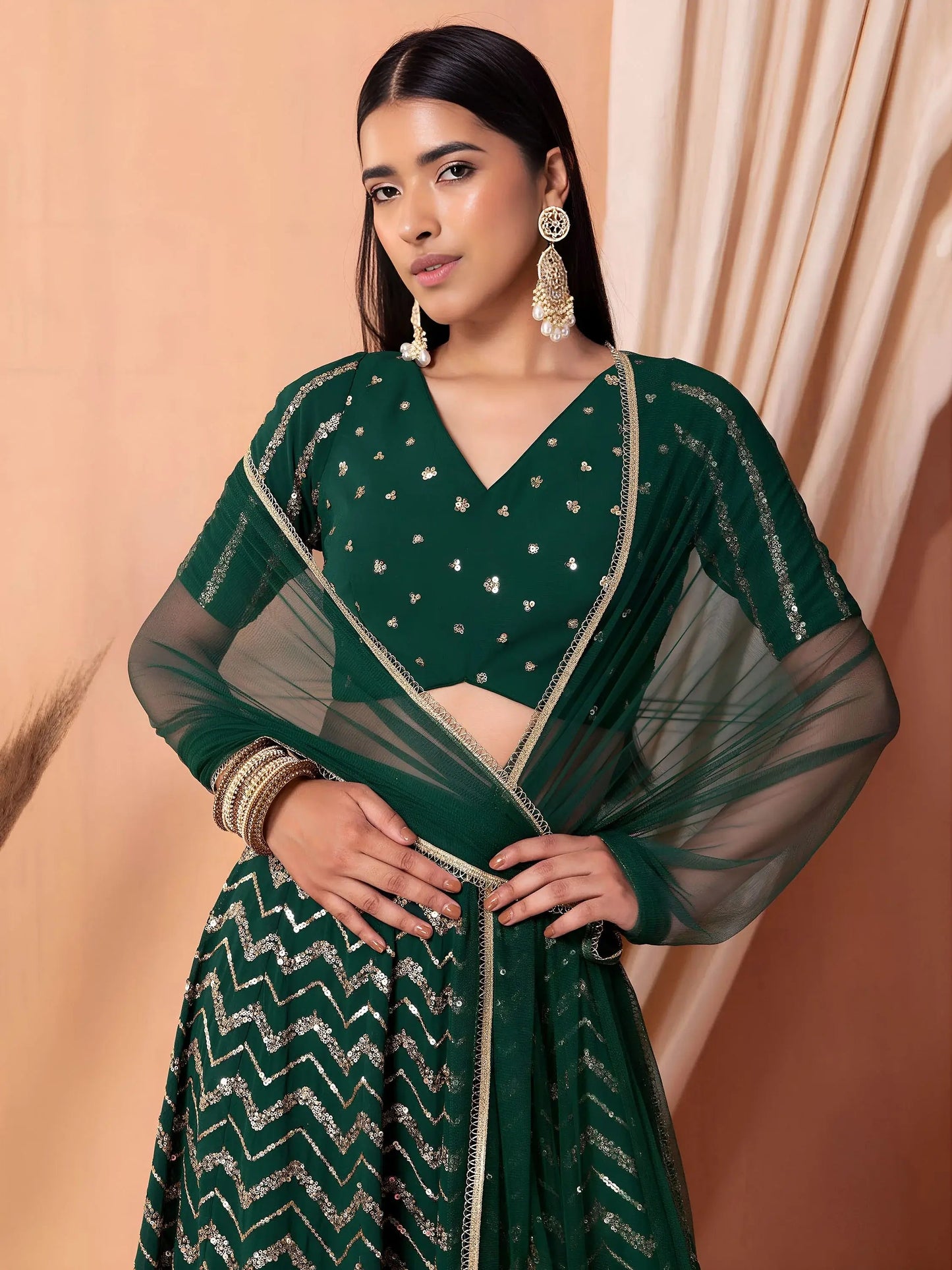 Alluring Green Embroidered Georgette Mehendi Wear Lehenga Choli