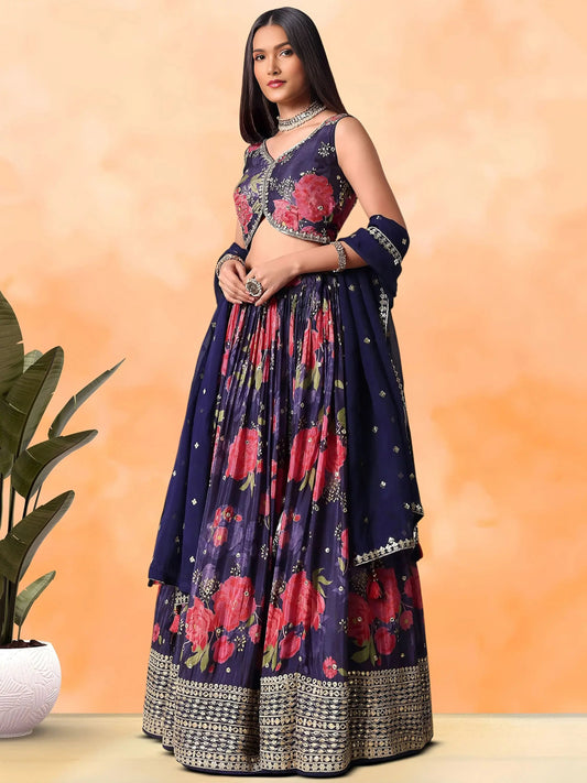 Magnetic Purple Floral Printed Chinon Wedding Wear Lehenga Choli