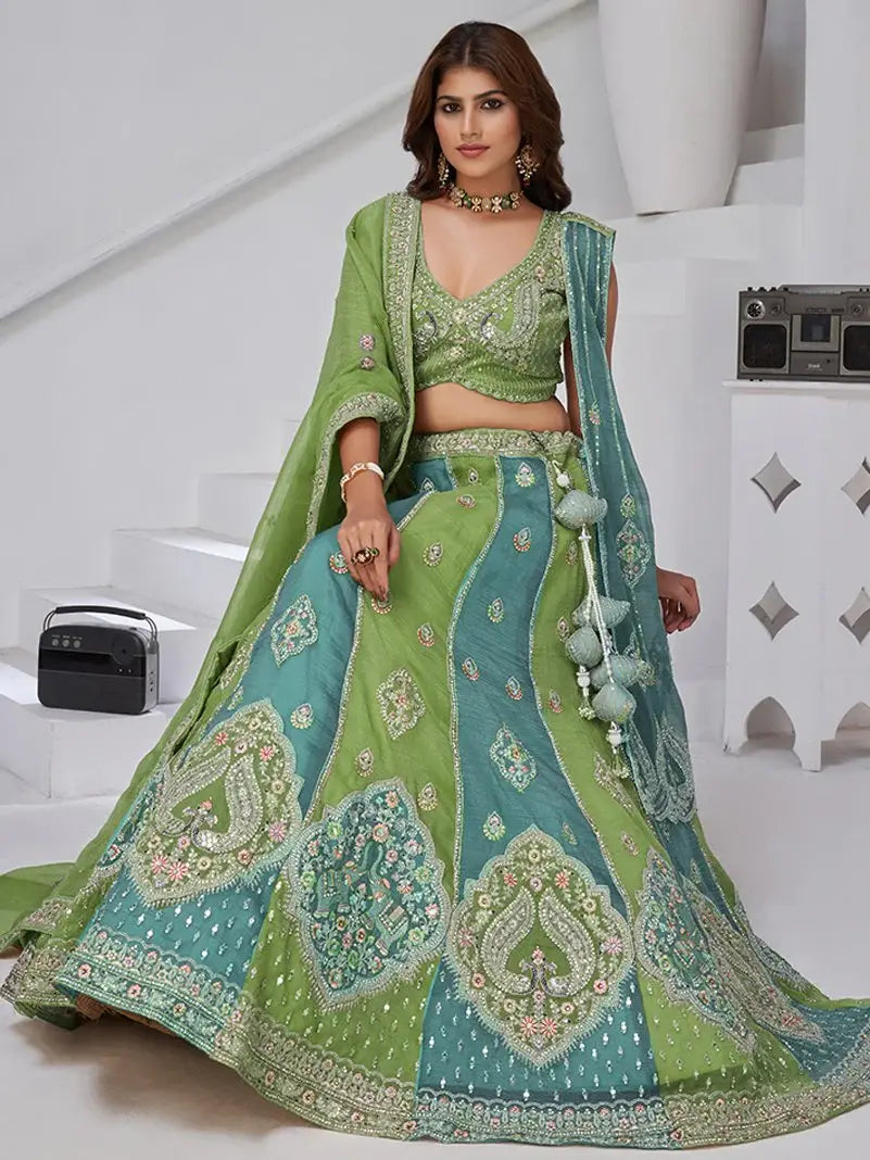Awesome Sea Green Zari Work Tissue Mehendi Wear Lehenga Choli With Dupatta