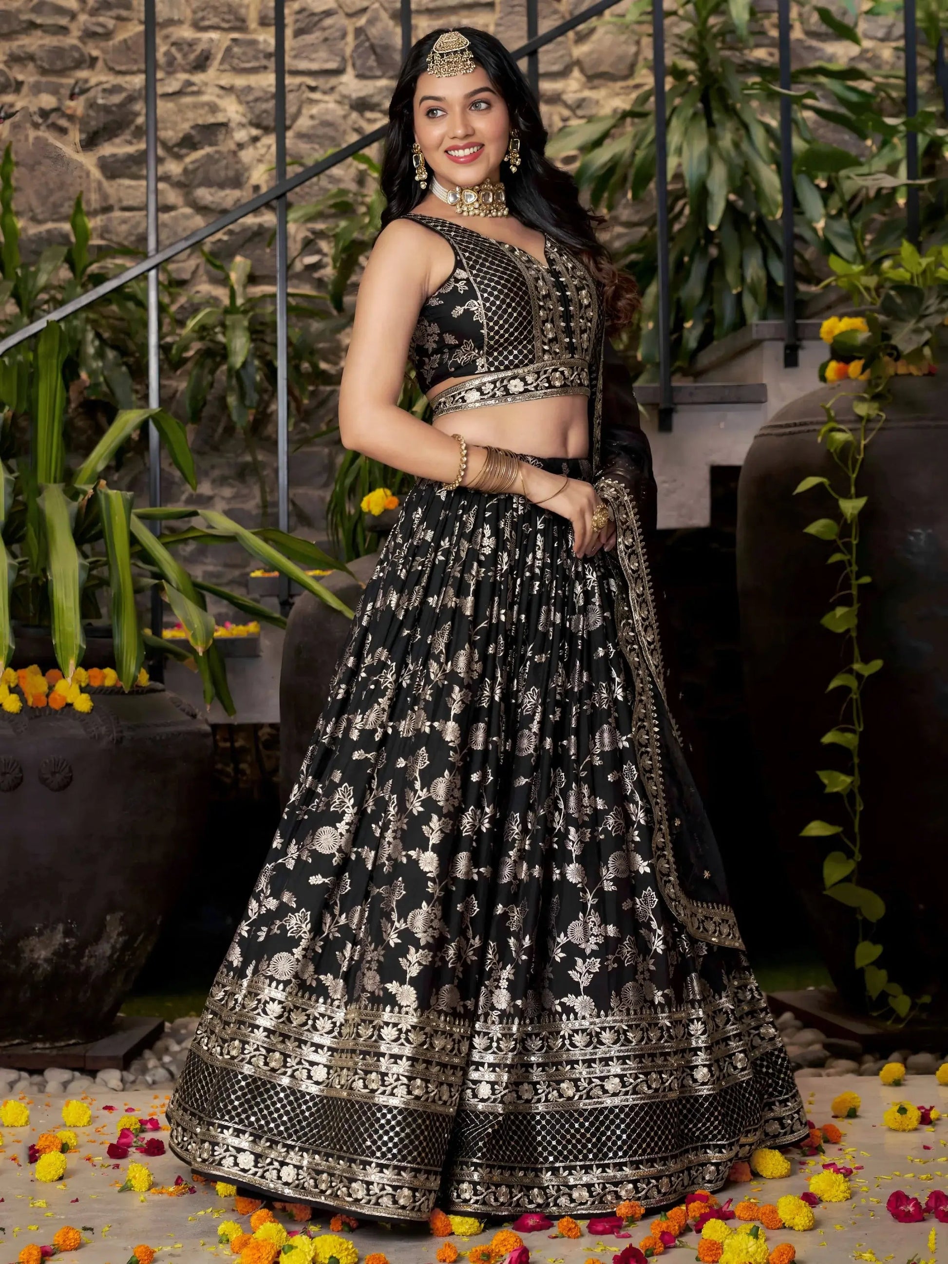 Attractive Black Zari Embroidery Jacquard Lehenga Choli With Dupatta