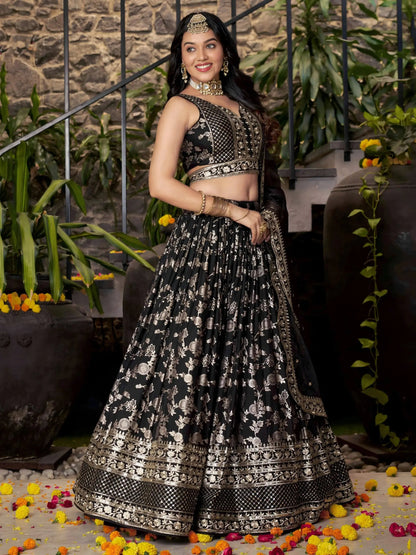Attractive Black Zari Embroidery Jacquard Lehenga Choli With Dupatta