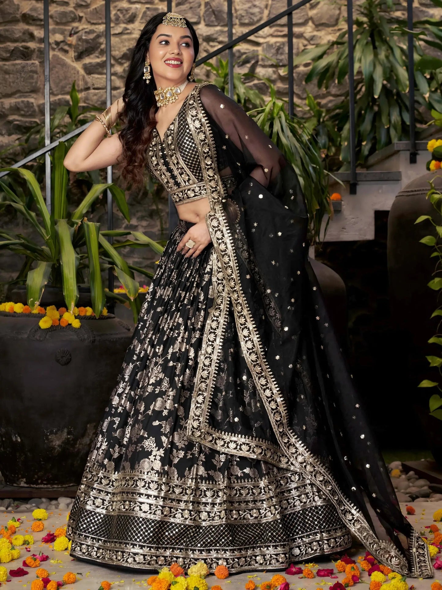 Attractive Black Zari Embroidery Jacquard Lehenga Choli With Dupatta