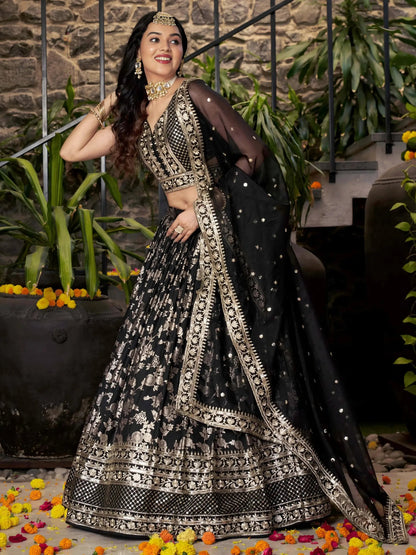 Attractive Black Zari Embroidery Jacquard Lehenga Choli With Dupatta