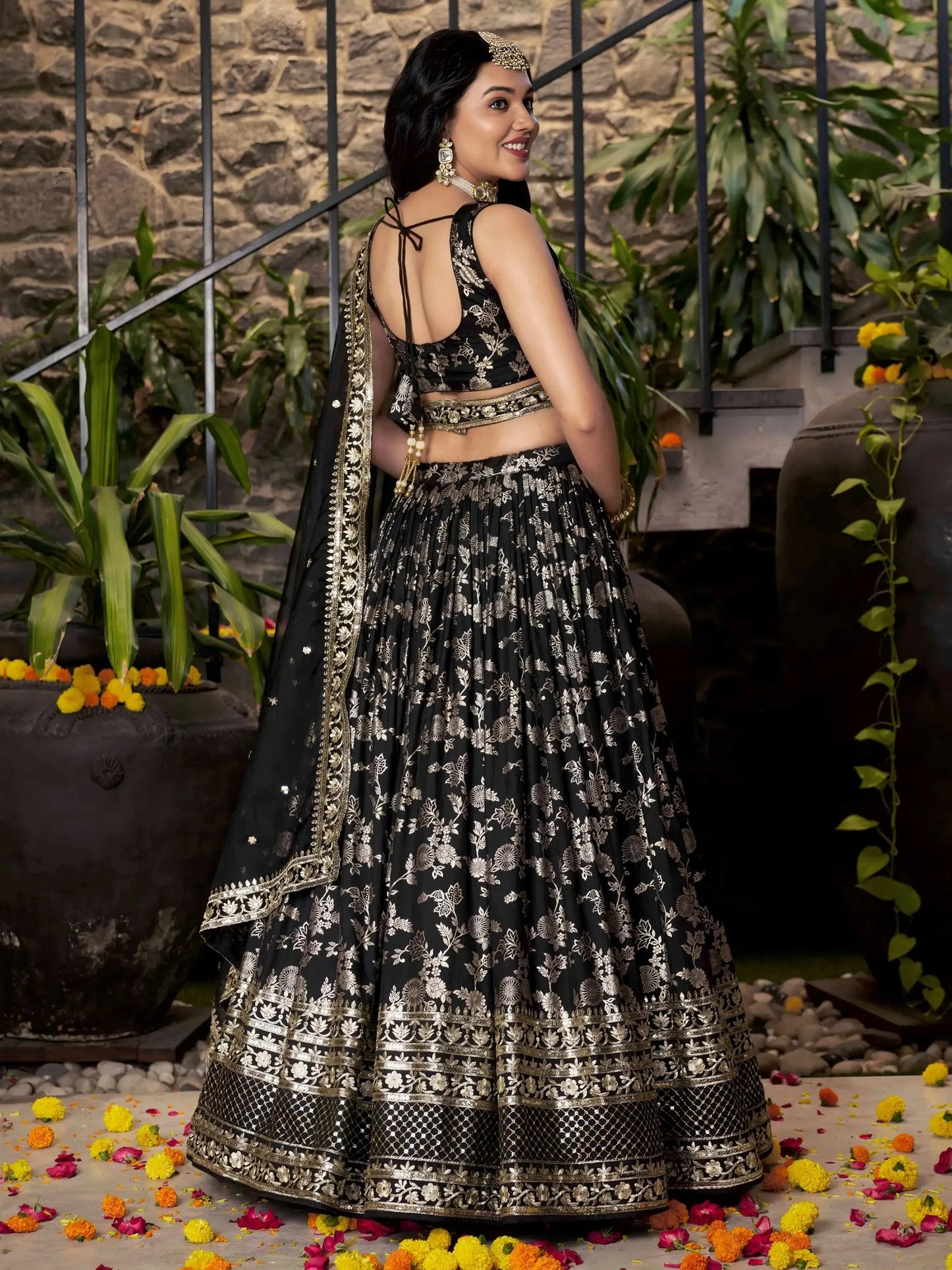 Attractive Black Zari Embroidery Jacquard Lehenga Choli With Dupatta
