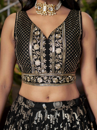 Attractive Black Zari Embroidery Jacquard Lehenga Choli With Dupatta