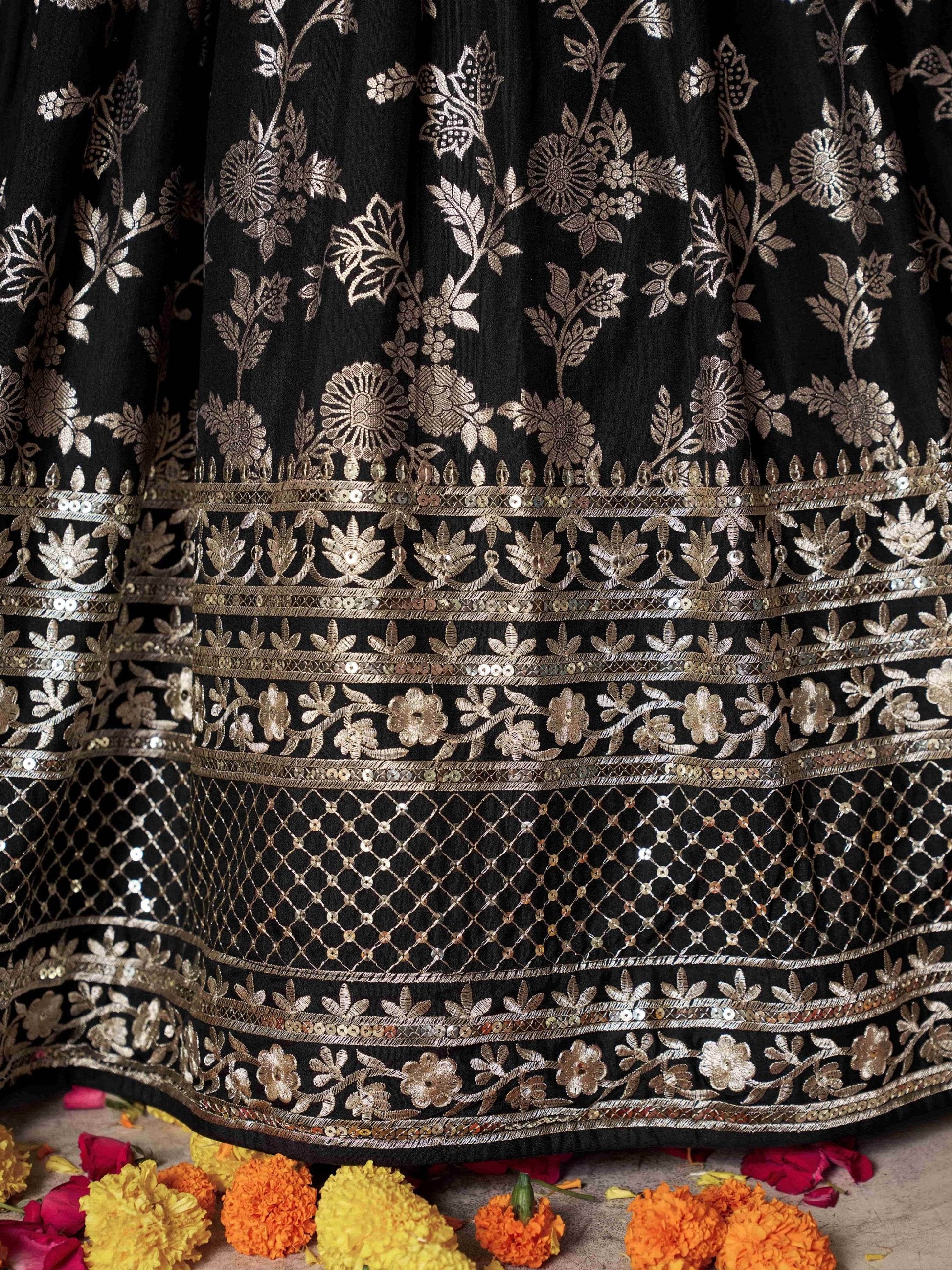 Attractive Black Zari Embroidery Jacquard Lehenga Choli With Dupatta