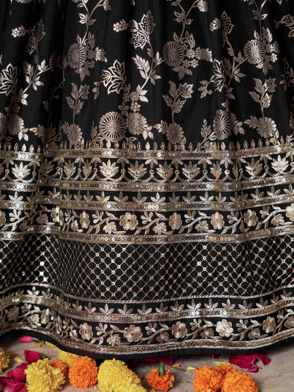 Attractive Black Zari Embroidery Jacquard Lehenga Choli With Dupatta