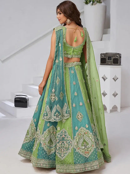 Awesome Sea Green Zari Work Tissue Mehendi Wear Lehenga Choli With Dupatta