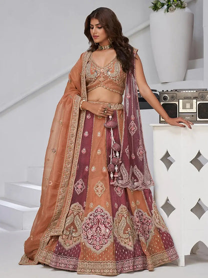 Glamorous Rust Orange Sequins Tissue Traditional Lehenga Choli With Dupatta