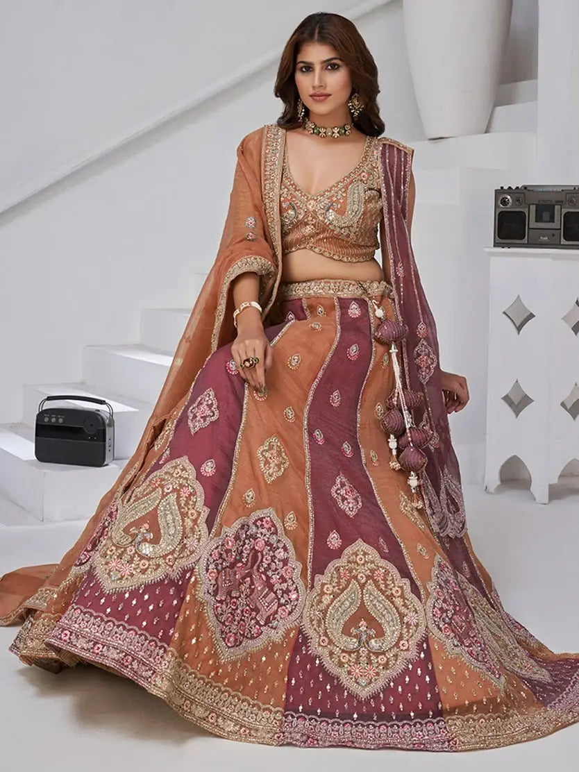 Glamorous Rust Orange Sequins Tissue Traditional Lehenga Choli With Dupatta