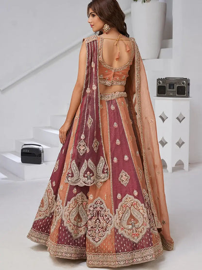 Glamorous Rust Orange Sequins Tissue Traditional Lehenga Choli With Dupatta