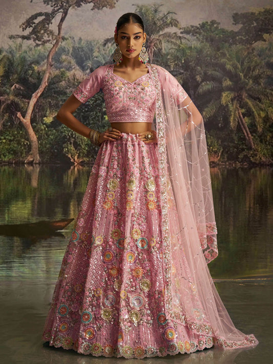 Remarkable Pink Zarkan Embroidered Net Bridesmaid Lehenga Choli