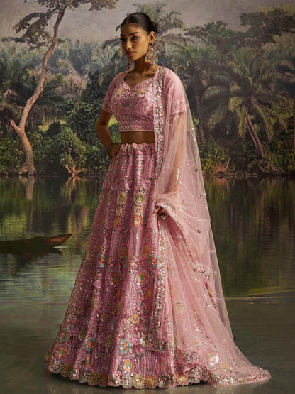 Remarkable Pink Zarkan Embroidered Net Bridesmaid Lehenga Choli