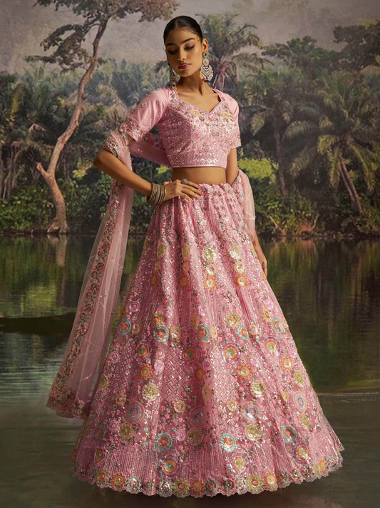Remarkable Pink Zarkan Embroidered Net Bridesmaid Lehenga Choli