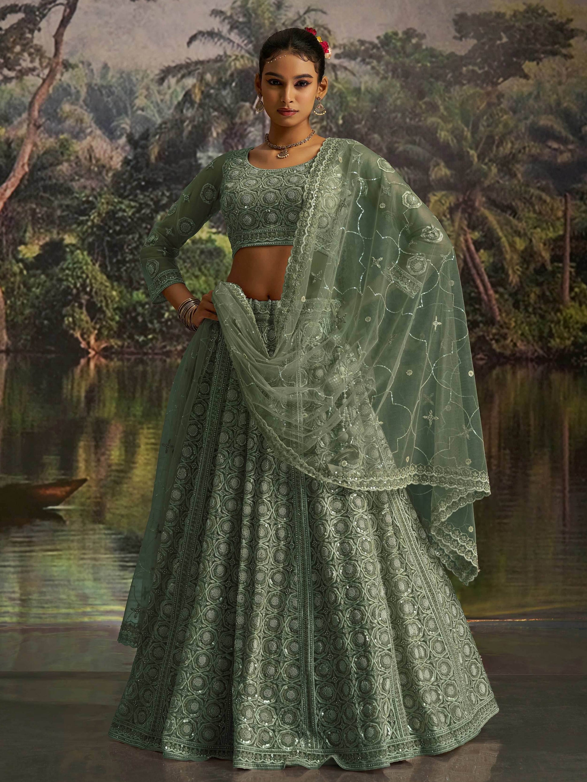 Outstanding Green Thread Work Net Reception Wear Lehenga Choli With Dupatta