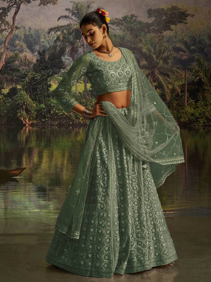 Outstanding Green Thread Work Net Reception Wear Lehenga Choli With Dupatta